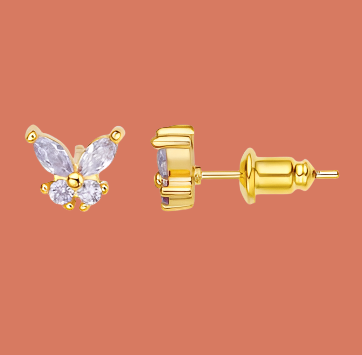 Real Gold Plated Butterfly Stud Earrings – Cute & Dainty Aretes for Women – 18K Gold Plated, Perfect Gift for Her