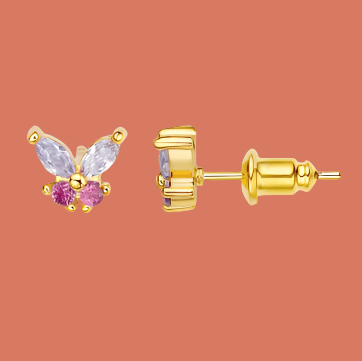 Real Gold Plated Butterfly Stud Earrings – Cute & Dainty Aretes for Women – 18K Gold Plated, Perfect Gift for Her