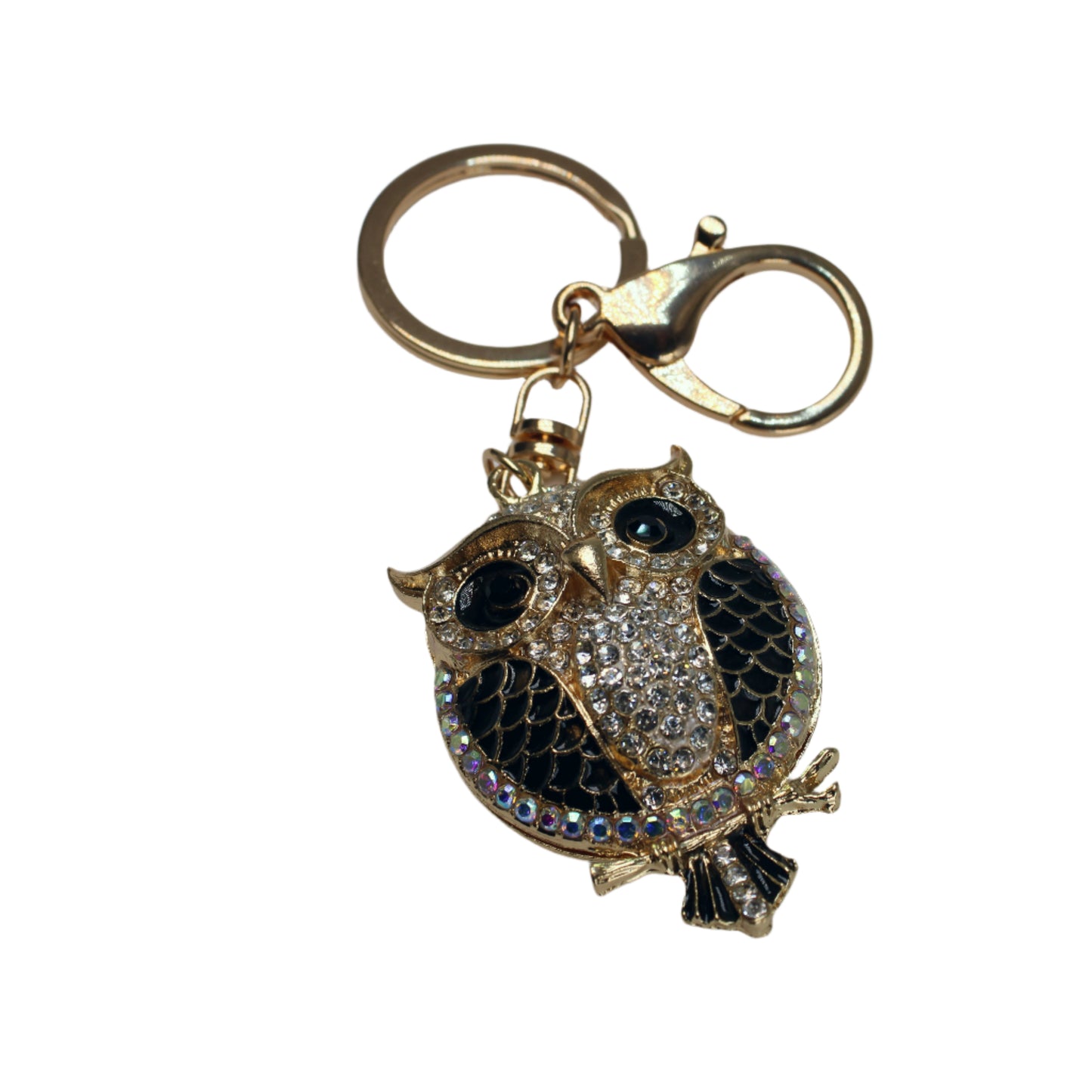 Gold owl-shaped keychain with black and clear gemstones