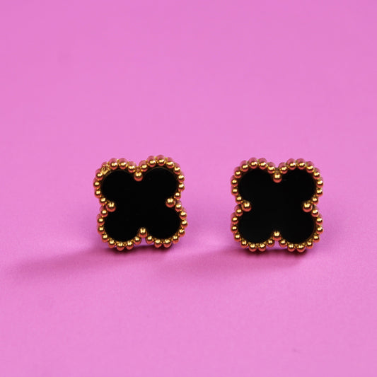 Clover Gold Plated Stud Earrings Waterproof Hyperallergic Jewellery Gift - Black