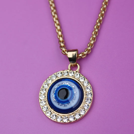 Necklace with an eye-shaped pendant on a purple background