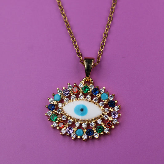 Necklace with an eye-shaped pendant on a purple background