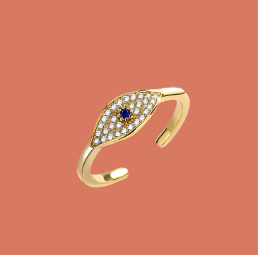 Minimalist Evil Eye Ring - 18K Gold Plated Silver Adjustable CZ Ring Turkish Blue Eye Protection Jewellery – 18K Gold Plated, Perfect Gift for Her