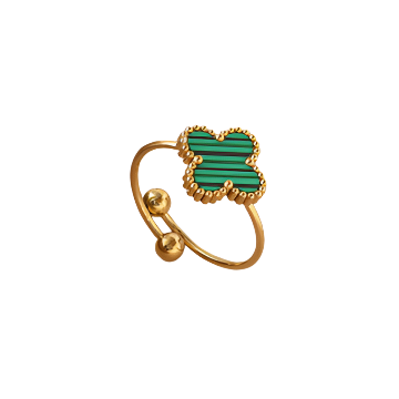 18K Gold Plated Stainless Steel Four Leaf Clover Ring - Adjustable Open Band with Colourful Enamel Clover Charm
