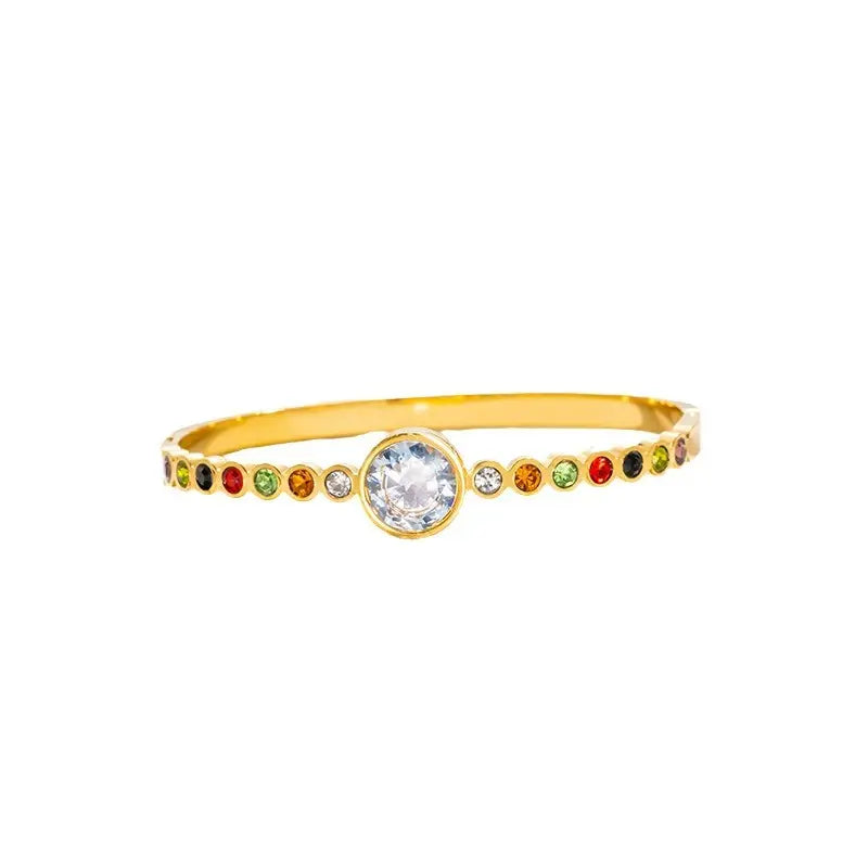 Brisa Stainless Steel Gold Plated Multicolour Zircon Bangle | Non-Tarnish Polished Bracelet