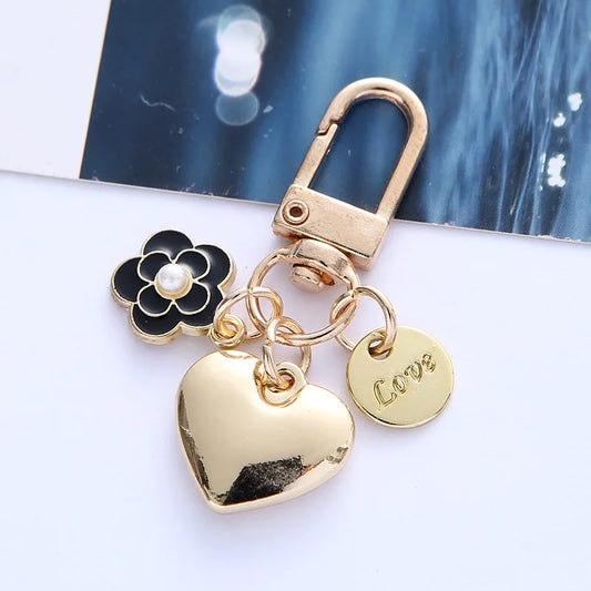 Gold Love Charm Keychain - Heart, Flower & "Love" Tag Multi-Charm Key Ring
