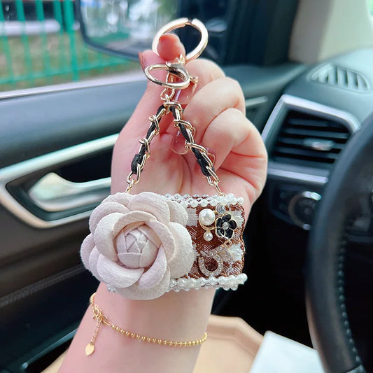 Luxury Mini Camellia Bag Keychain - Crystal Rhinestone Purse Charm with Flower Detail