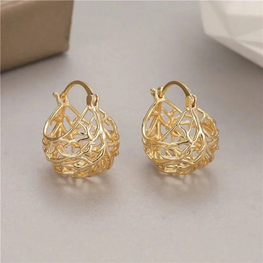 French Basket Weave Hoop Earrings - 18K Gold & Silver Plated Geometric Hollow Design Statement Jewellery