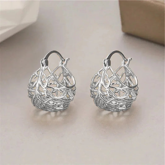 French Basket Weave Hoop Earrings - 18K Gold & Silver Plated Geometric Hollow Design Statement Jewellery