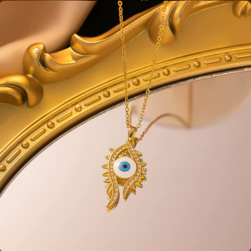 Gold Feather Evil Eye Necklace - Angel Wing Protection Pendant Chain Jewellery