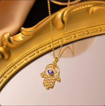 Hamsa Hand & Evil Eye Necklace – 18K Gold Plated, Non-Tarnish Stainless Steel