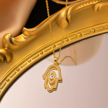 Crystal Hamsa Hand Necklace – 18K Gold Plated, Evil Eye Protection Jewellery