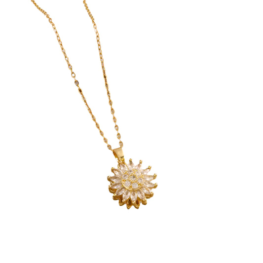Pheda Elegant Daisy Spinner Necklace | Sparkling Zircon Sunflower Fidget Pendant in Gold & Silver Stainless Steel