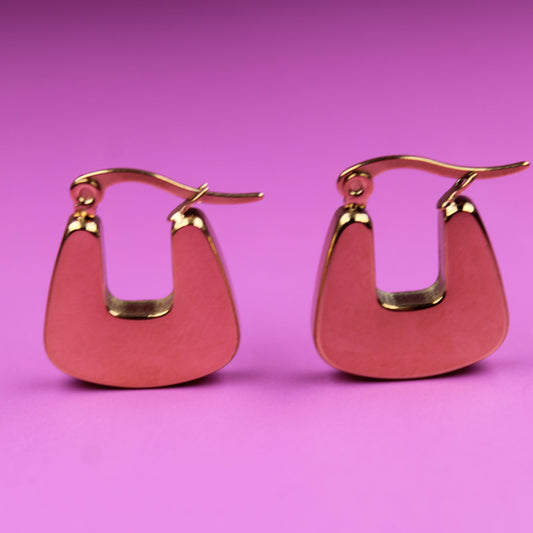 Pair of pink earrings with gold accents on a pink background