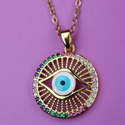 Necklace with an eye-shaped pendant on a purple background