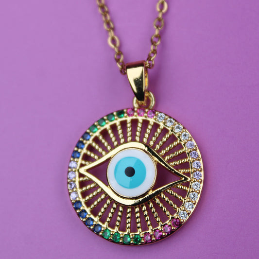 Necklace with an eye-shaped pendant on a purple background