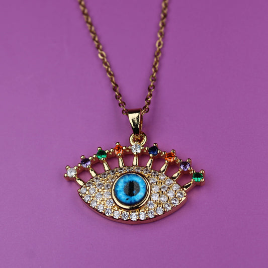 Necklace with an eye-shaped pendant on a purple background