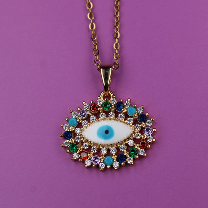 Necklace with an eye-shaped pendant on a purple background