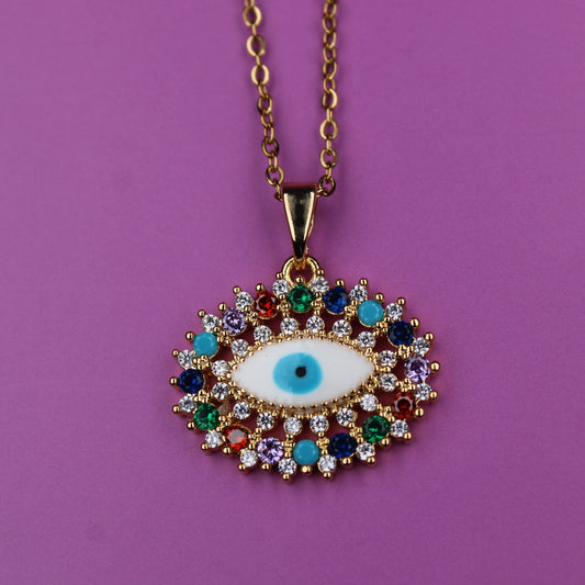 Necklace with an eye-shaped pendant on a purple background