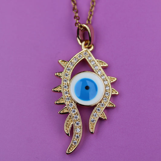 Gold Feather Evil Eye Necklace Angel Wing Protection – 18K Gold Plated, Perfect Gift for Her