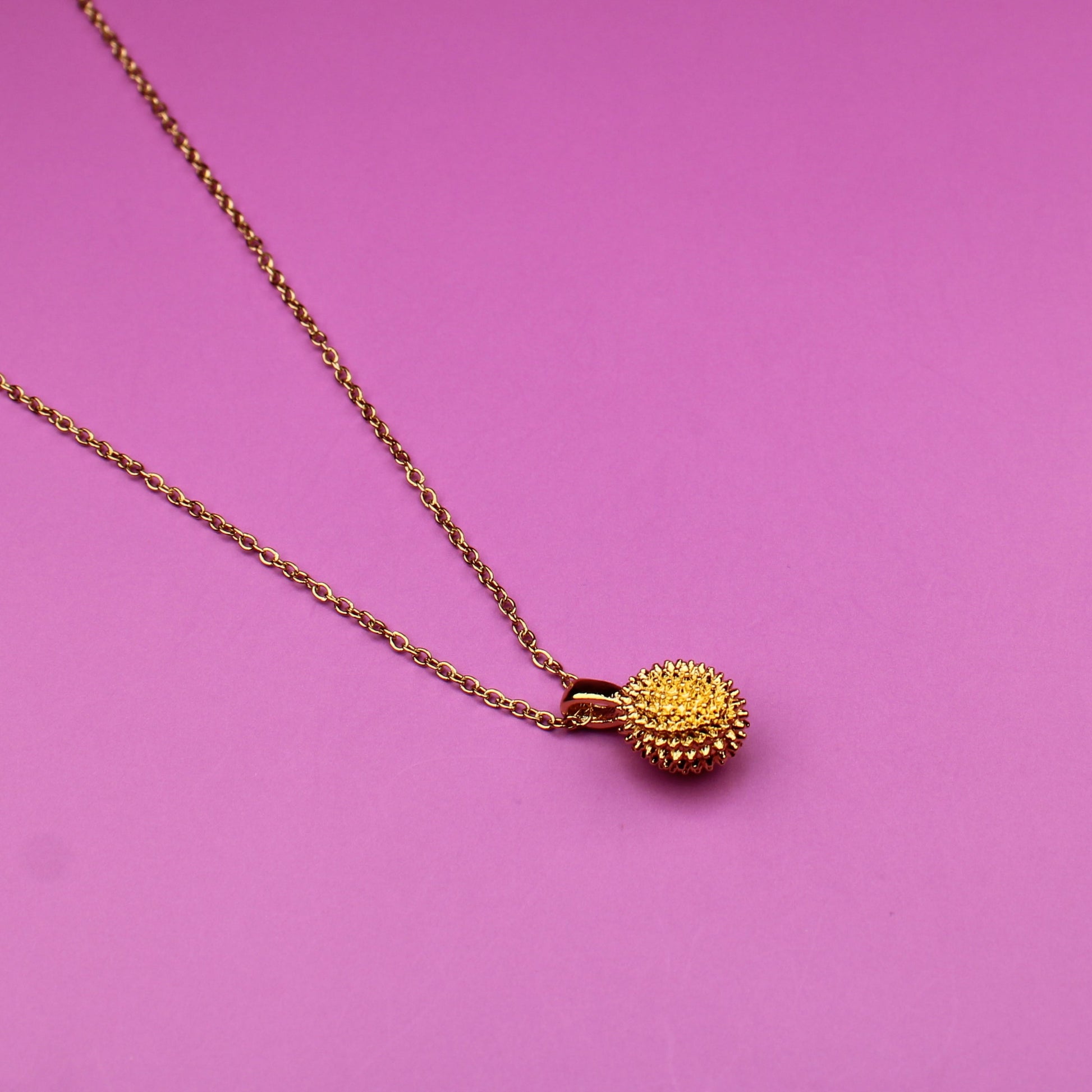 Gold necklace with a pendant on a pink background