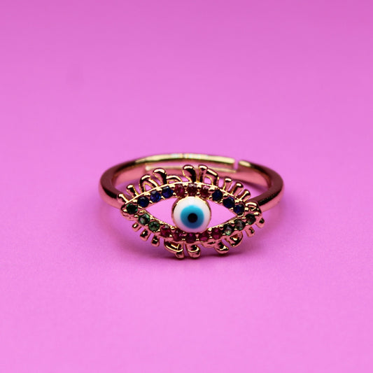 Ring with an eye design on a pink background