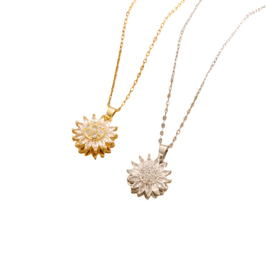 Pheda Elegant Daisy Spinner Necklace | Sparkling Zircon Sunflower Fidget Pendant in Gold & Silver Stainless Steel