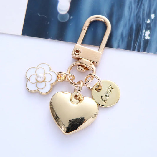 Gold Love Charm Keychain - Heart, Flower & "Love" Tag Multi-Charm Key Ring