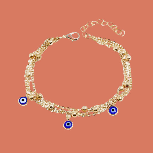 Multilayer Evil Eye Chunky Chain Anklet Bracelet - Adjustable Stainless Steel Layered Ankle Jewellery with Blue Eye Charms – 18K Gold Plated, Perfect Gift for Her