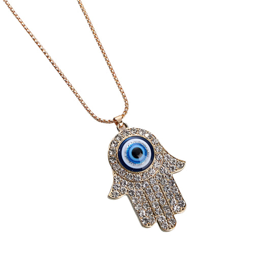 Gold Plated Hamsa Hand Evil Eye Necklace with Crystal Rhinestones - Gold Protection Pendant