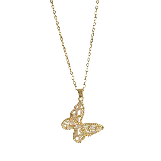 Butterfly Gold-Plated CZ Halo Pendant Necklace – Dainty & Durable