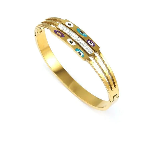 Ulani Gold Evil Eye Bangle – 14K Plated Steel with Diamond Sparkle & Pop of Colour